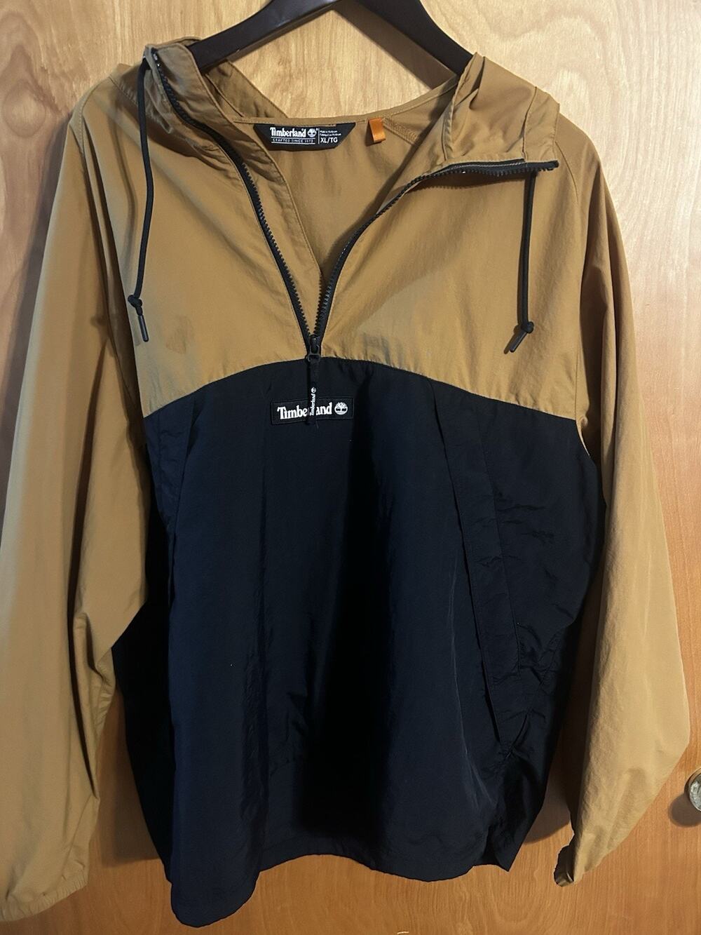 Timberland Tan Black Colorblock Hooded Windbreaker Jacket Men's Zip Closure